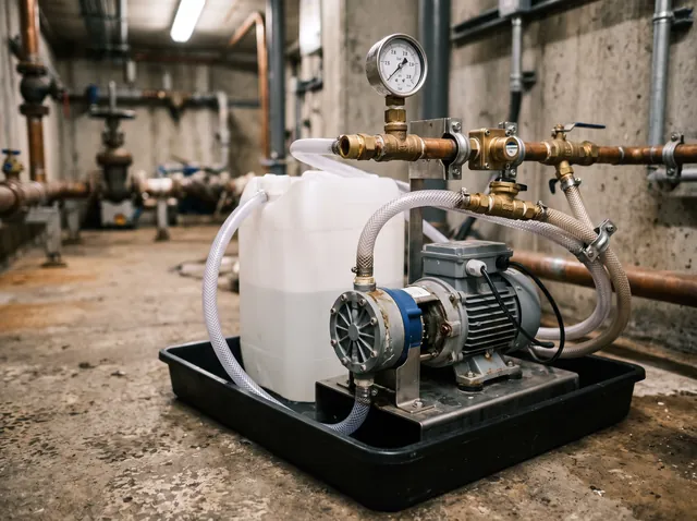 A portable chlorination dosing pump with clear tubing and a chemical container standing in a spill bund tray beside copper pipework.