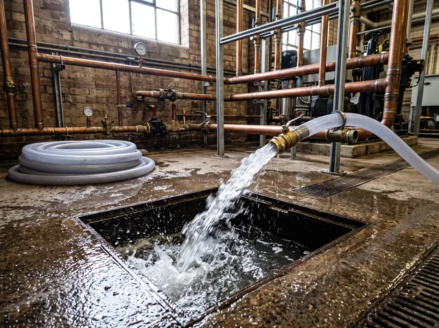 Water discharging from a hose connected to a flushing point on copper pipework into an open floor drain.