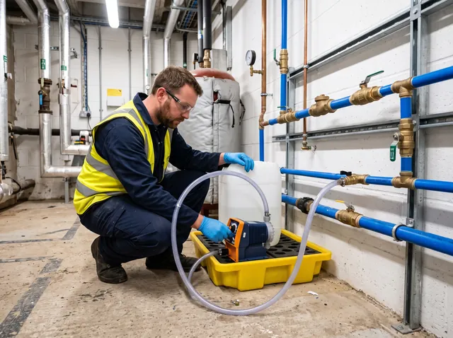 An engineer in overalls and a hi-vis vest adjusting a portable chlorination dosing pump connected by hose to new blue and copper pipework in a plant room.