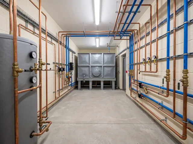 A commercial plant room with copper and blue plastic pipework running along the walls, an insulated cylinder to one side and a grey sectional cold water storage tank at the far end.