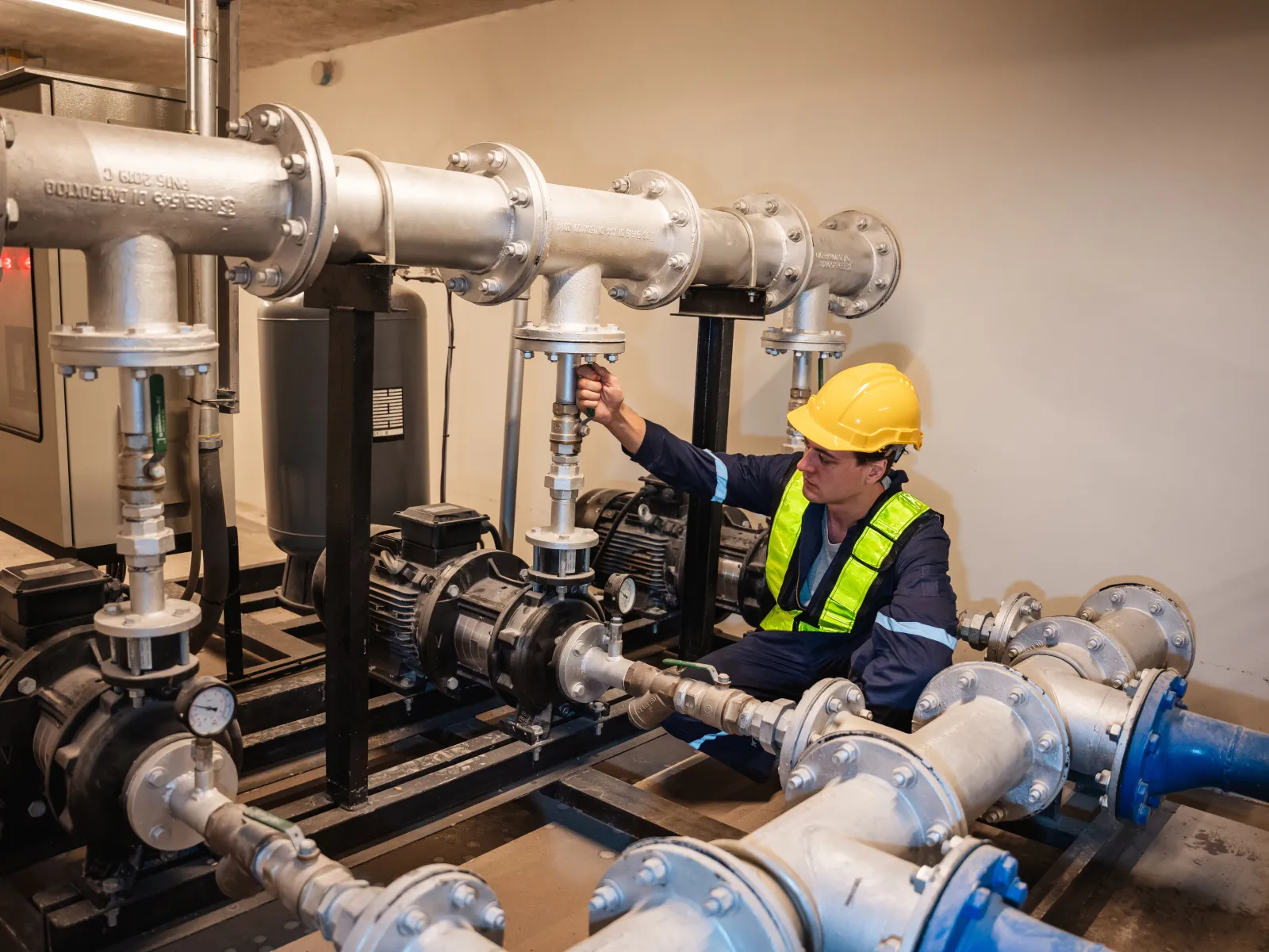 An engineer in a hard hat and hi-vis vest adjusting a valve on a stainless steel booster pump set in a building plant room.