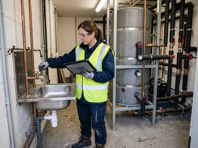 An assessor in a hi-vis vest holding a tablet while checking a tap, with insulated hot water cylinders and copper pipework behind.