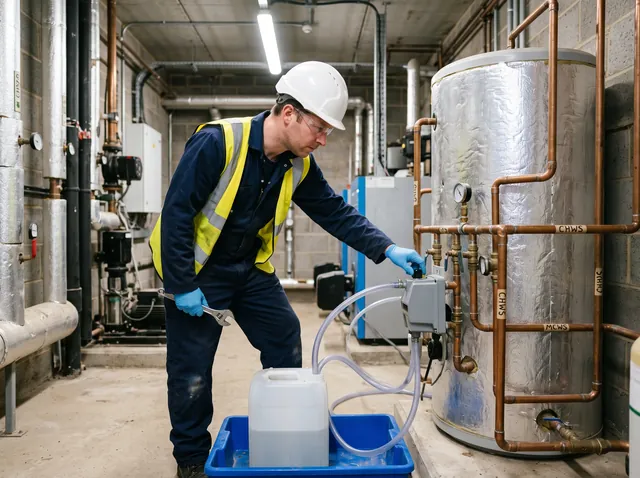 An engineer in a hard hat, hi-vis vest and gloves operating a portable dosing unit connected into pipework beside an insulated cylinder.