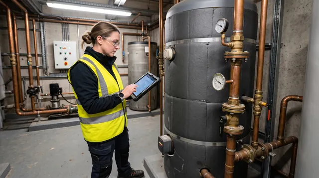 An assessor in a hi-vis vest recording details on a tablet beside a large insulated hot water cylinder and a run of copper pipework.