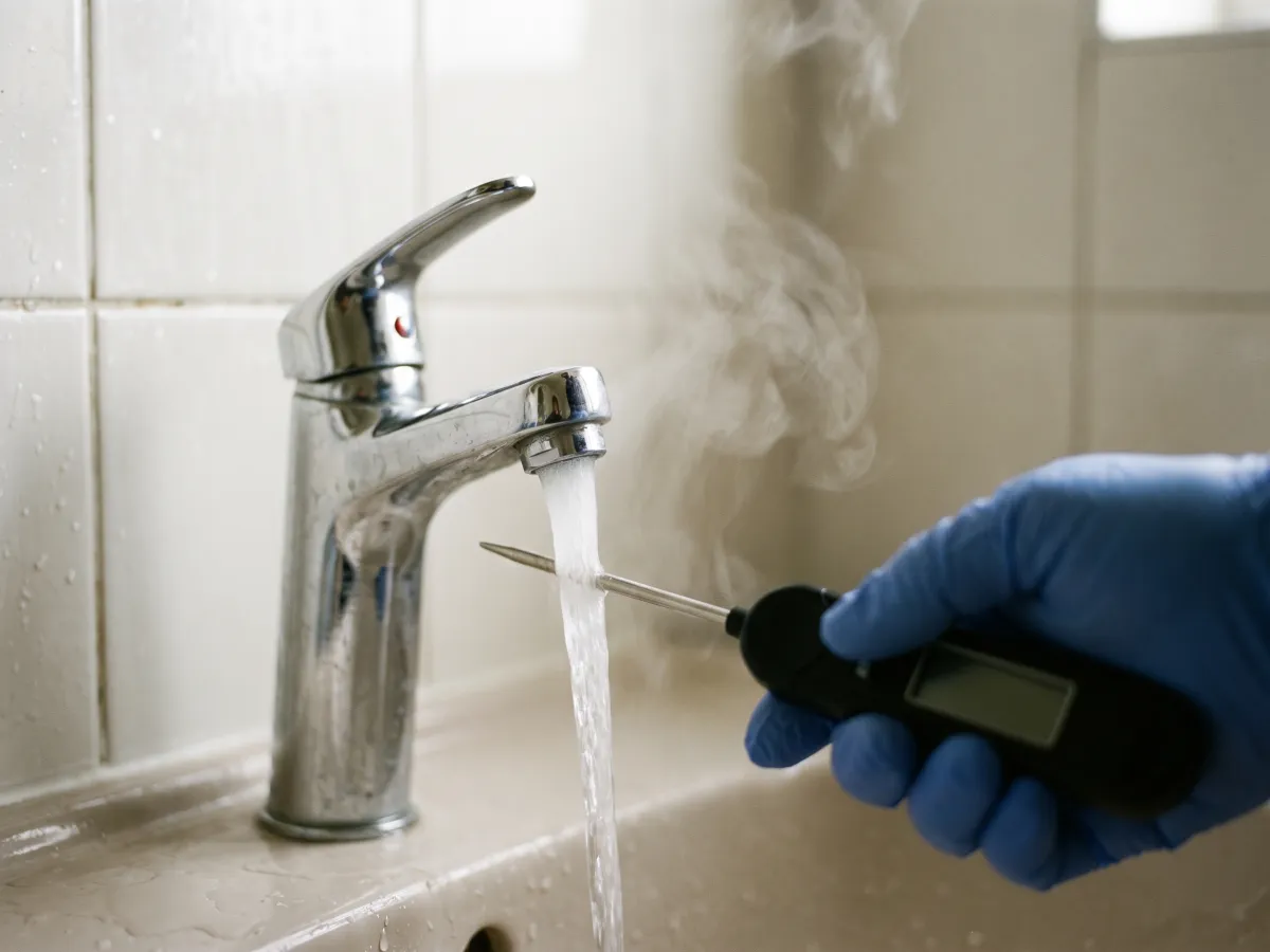 A gloved hand holding a digital thermometer probe in the flow of a running hot tap, with steam rising.