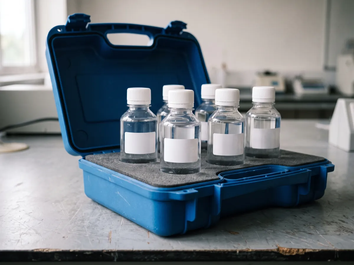 Five clear sterile sample bottles with white caps and blank labels standing in the foam insert of an open blue transport case.