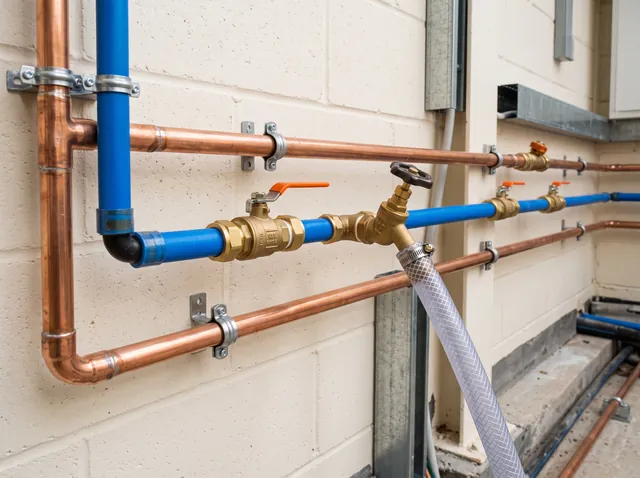 New copper and blue plastic pipework on a plant room wall with brass isolation valves and a hose connected to a drain off point.