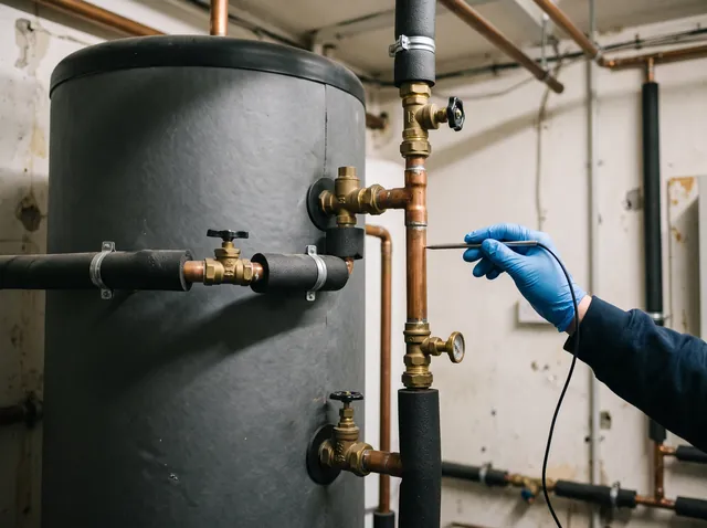 An insulated hot water cylinder with copper pipework and brass valves, and a gloved hand holding a temperature probe against the return pipe.