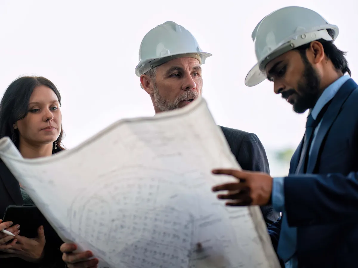Three people, two of them in hard hats, examining a large rolled technical drawing together.