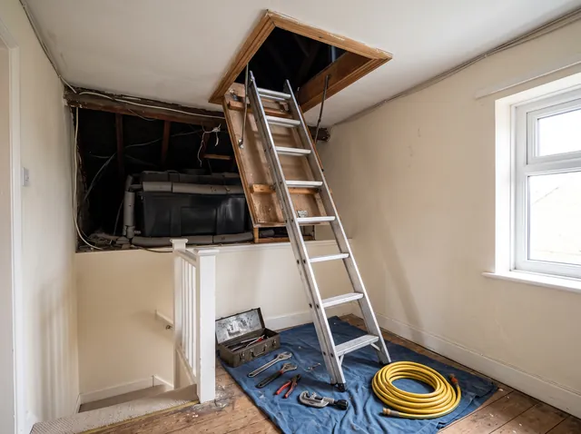 An open loft hatch with a folding aluminium ladder down to a landing, and tools and a coiled hose laid out on a dust sheet below.