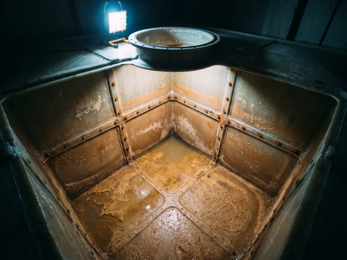 The inside of a drained cold water storage tank showing brown sediment and staining across the base and lower panels.