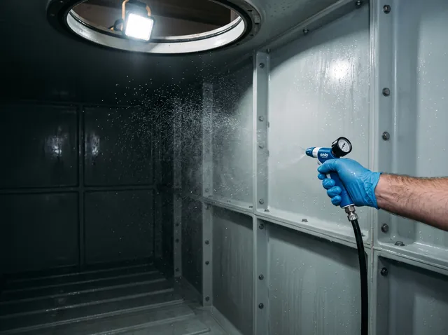 A gloved hand spraying disinfectant from a pressurised hand sprayer across the clean interior wall panels of a tank.