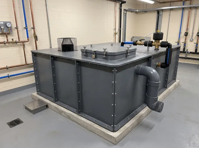 A clean grey sectional cold water storage tank in a tidy plant room, lids closed and secured, with a screened vent on top.