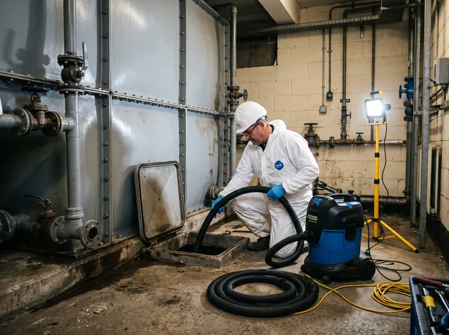 An engineer in white protective coveralls and a hard hat feeding an industrial wet vacuum hose into a drained cold water storage tank.