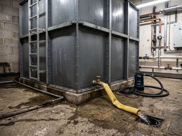 A lay flat discharge hose running from a valve at the base of a cold water storage tank to a floor drain, with a pump alongside.