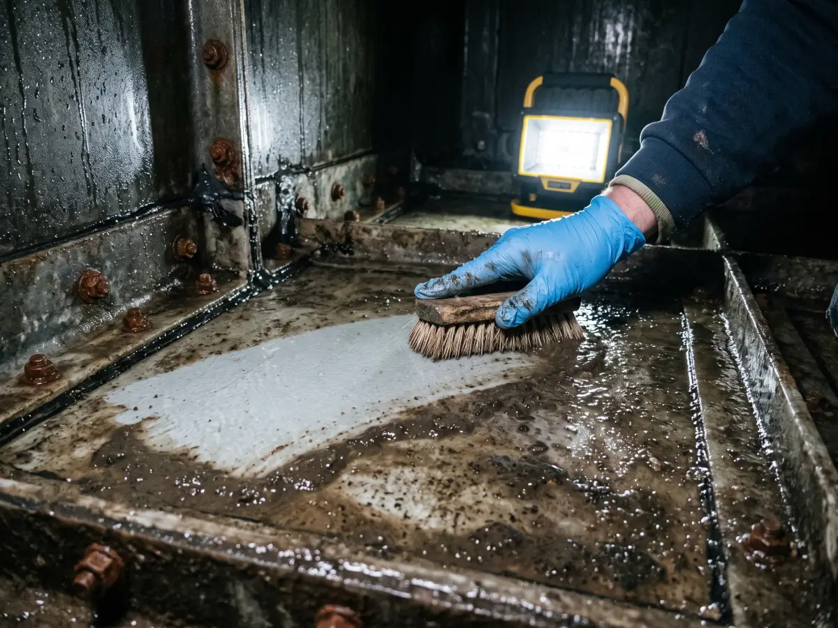 A gloved hand working a stiff bristled brush across the wet base of a drained tank, clean surface showing behind the brush.