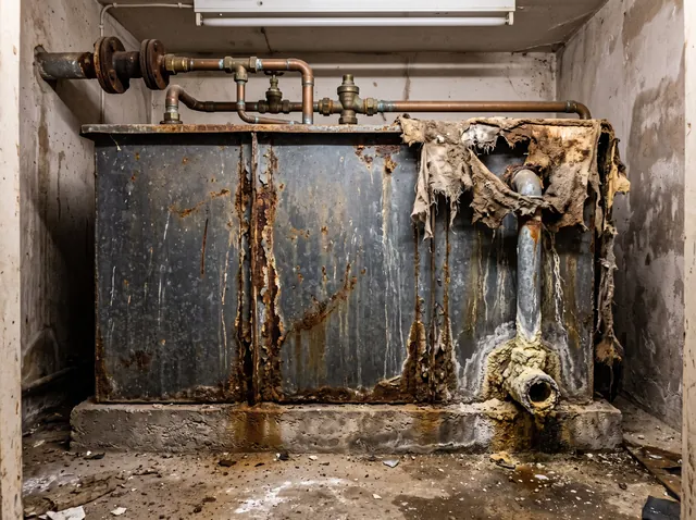 An old galvanised steel water tank with heavy rust streaks down its side, perished insulation hanging loose and corroded pipework above.