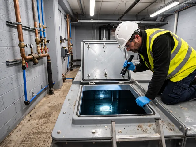 An engineer in a hard hat and hi-vis vest leaning over an open tank hatch, shining an inspection torch onto the water inside.