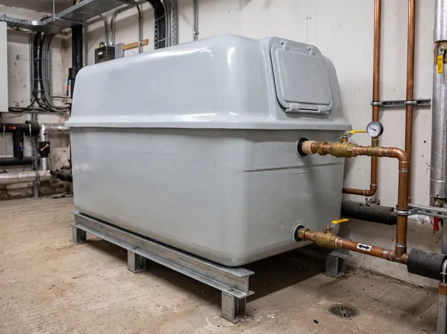 A one piece moulded GRP cold water storage tank with rounded corners and a hinged lid, standing on galvanised steel bearer rails.