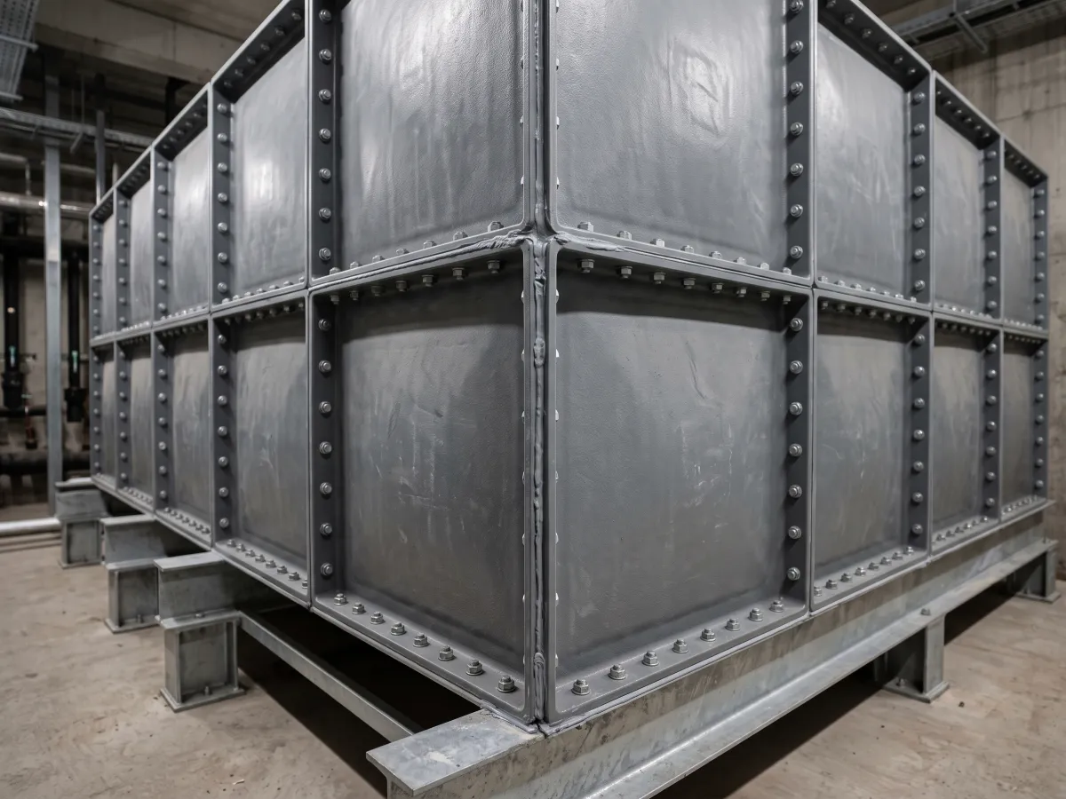A close view of the bolted panel joints and sealant lines on the corner of a GRP sectional cold water storage tank.