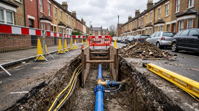 An open trench in a London street with a blue plastic water main and a new connection fitting exposed at the bottom, barriers around the opening and terraced housing behind.