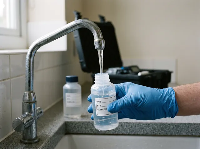 A gloved hand filling a sterile sample bottle from a running tap, the bottle carrying a blank date, site and sample ID label.