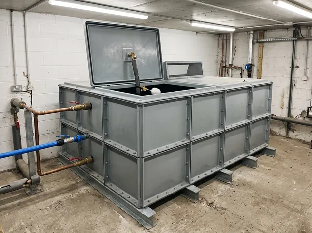 A grey GRP sectional cold water storage tank on galvanised steel bearer rails in a tank room, with its hinged inspection lid open.